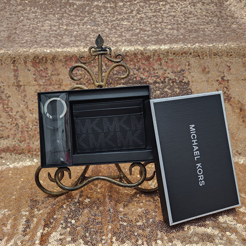 Michael Kors Black Logo Card Holder And Key Fob Set